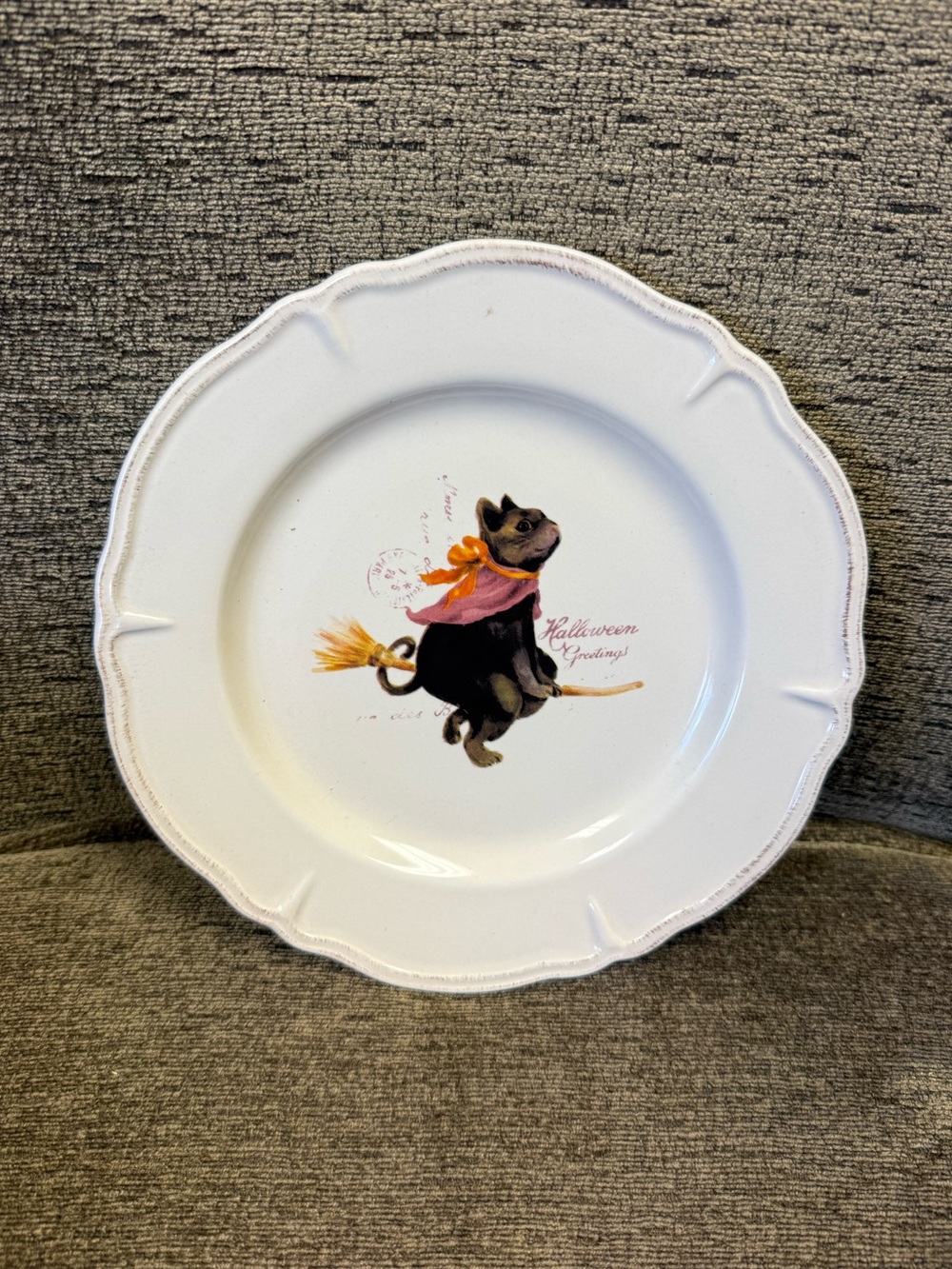 Magenta Halloween Greetings Black Cat Witch Broom Ceramic Decor Plate